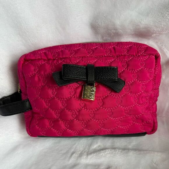 Betsey Johnson Pink and Black Cosmetic Bag with Bow and Lock - Picture 1 of 9